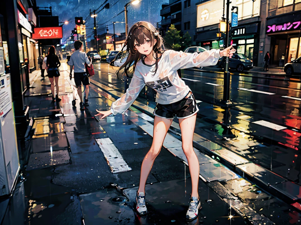 A 15-year-old girl,fair,Long brown hair,Very thin,small thin legs,rain,street,White shirt,Wet clothes,shorts,Bare legs,The legs are very thin,energetic,whole body,