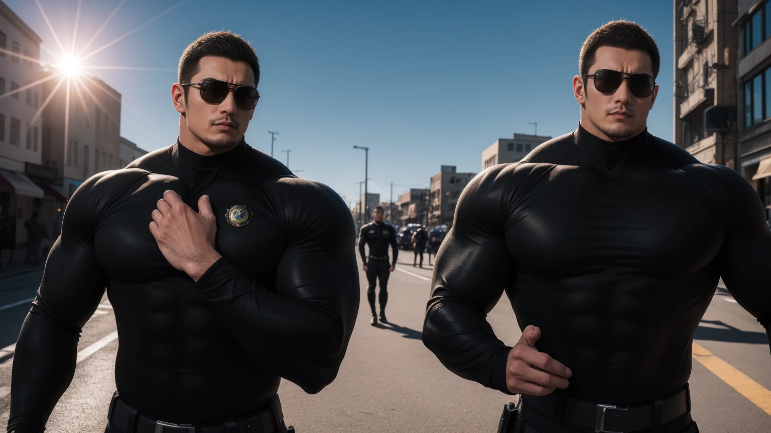 Super muscular man hugging,  Sad eyes，Wear sunglasses，They embrace affectionately，short hair，On a vintage outdoor street under the hot sun, Wear long sleeves, Deep turtleneck bodysuit, Thickened warm elastic texture，The clothes are dirty，There are mud stains，Looks sad, Thick thighs, messy hair, Thick thighs, High target-necked long-sleeved dark yellow high-necked tights, very tight, Regular symmetrical pattern, High targetlight muscles, Police uniform pants, character concept（Resident Evil - chris redfield, chris redfield）A proud expression, Deep and charming eyes, Valiant male pose, tall Burly, muscular！muscular thighs, Tough Guy, Perfect facial features, High target, Burly, Heqiang, Super exquisite and cool, High target Resolution Committee, Attractive, The sun is blazing, Dazzling