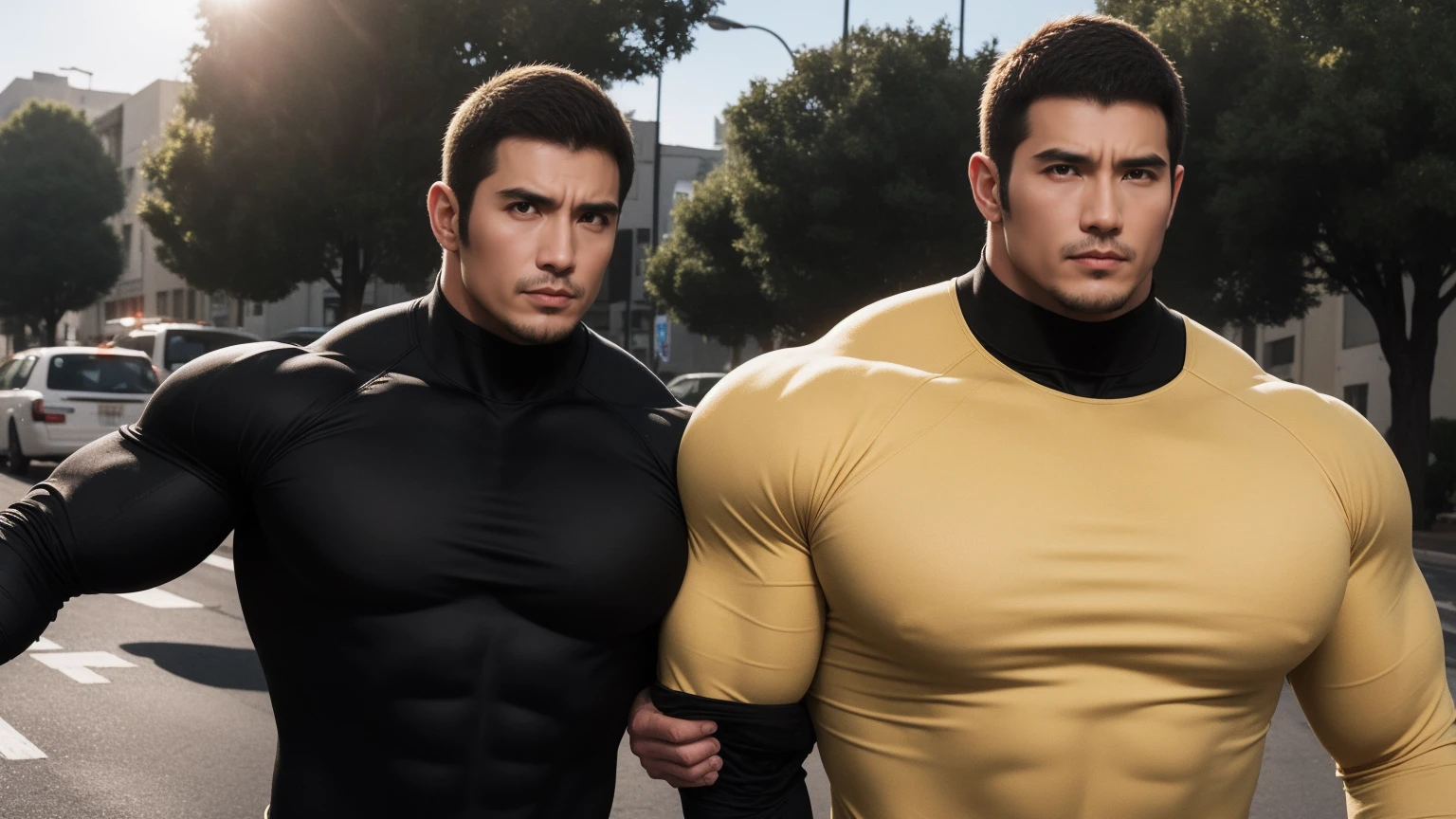 Super muscular man hugging, Sad eyes,Wear sunglasses,They embrace affectionately,short hair,On a vintage outdoor street under the hot sun, Wear long sleeves, Deep turtleneck bodysuit, Thickened warm elastic texture,The clothes are dirty,There are mud stains,Looks sad, Thick thighs, messy hair, Thick thighs, High target-necked long-sleeved dark yellow high-necked tights, very tight, Regular symmetrical pattern, High targetlight muscles, Police uniform pants, character concept(Resident Evil - chris redfield, chris redfield)A proud expression, Deep and charming eyes, Valiant male pose, tall Burly, muscular!muscular thighs, Tough Guy, Perfect facial features, High target, Burly, Heqiang, Super exquisite and cool, High target Resolution Committee, Attractive, The sun is blazing, Dazzling
