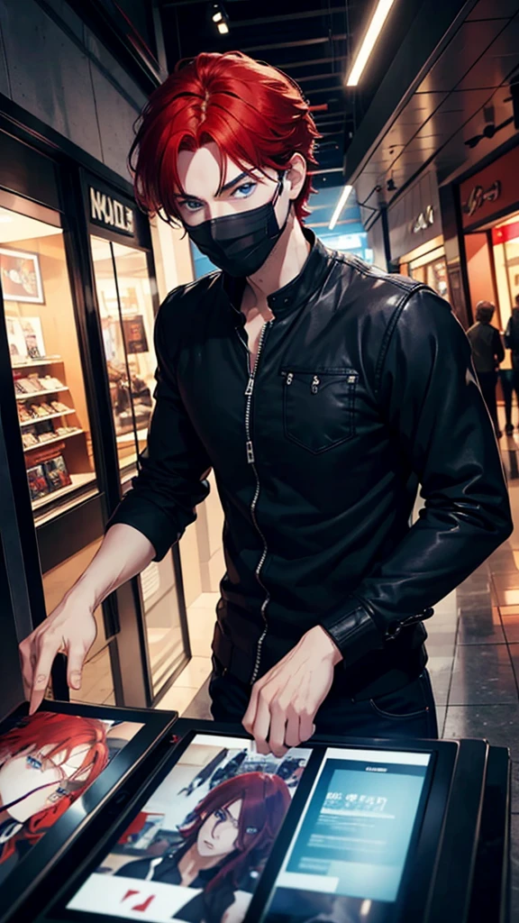 A blue-eyed man with a handsome face and red hair parted in the middle was taking a photo at the mall while wearing a black mask and dark clothes.