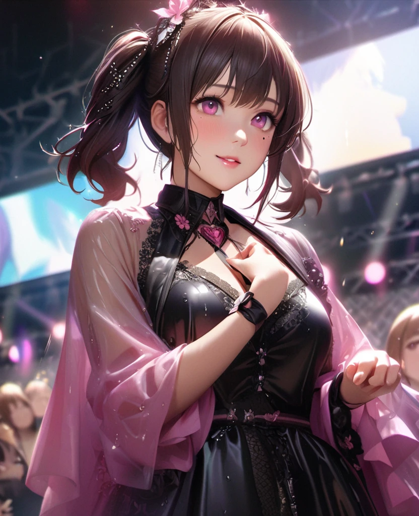 One Girl、Looking at the audience、lovely,
Beautiful pink eyes、short twin tail hair , Mole under the eye、Plump and glossy lips、Heart-shaped choca、Idol、Her name is Rico,smile、ー、。.。.。.。.。.。.。.。.。.。.。.。.。.。.。.。.。.。.3D、Realistic、
The idol's costume was soaked in the heavy rain, and her chest was wet and transparent.Heavy rain at outdoor concert, Drape clothes、gem、The decoration has been removed、Floral、Lace trim,On a glittering stage、
masterpiece、highest quality、8k、Detailed skin texture、Detailed cloth texture、Beautifully detailed face、Intricate details、Very detailed、
超A high resolution、8k Ultra HD、Film Grain、Best Shadow、delicate、Gazing at the audience、front
