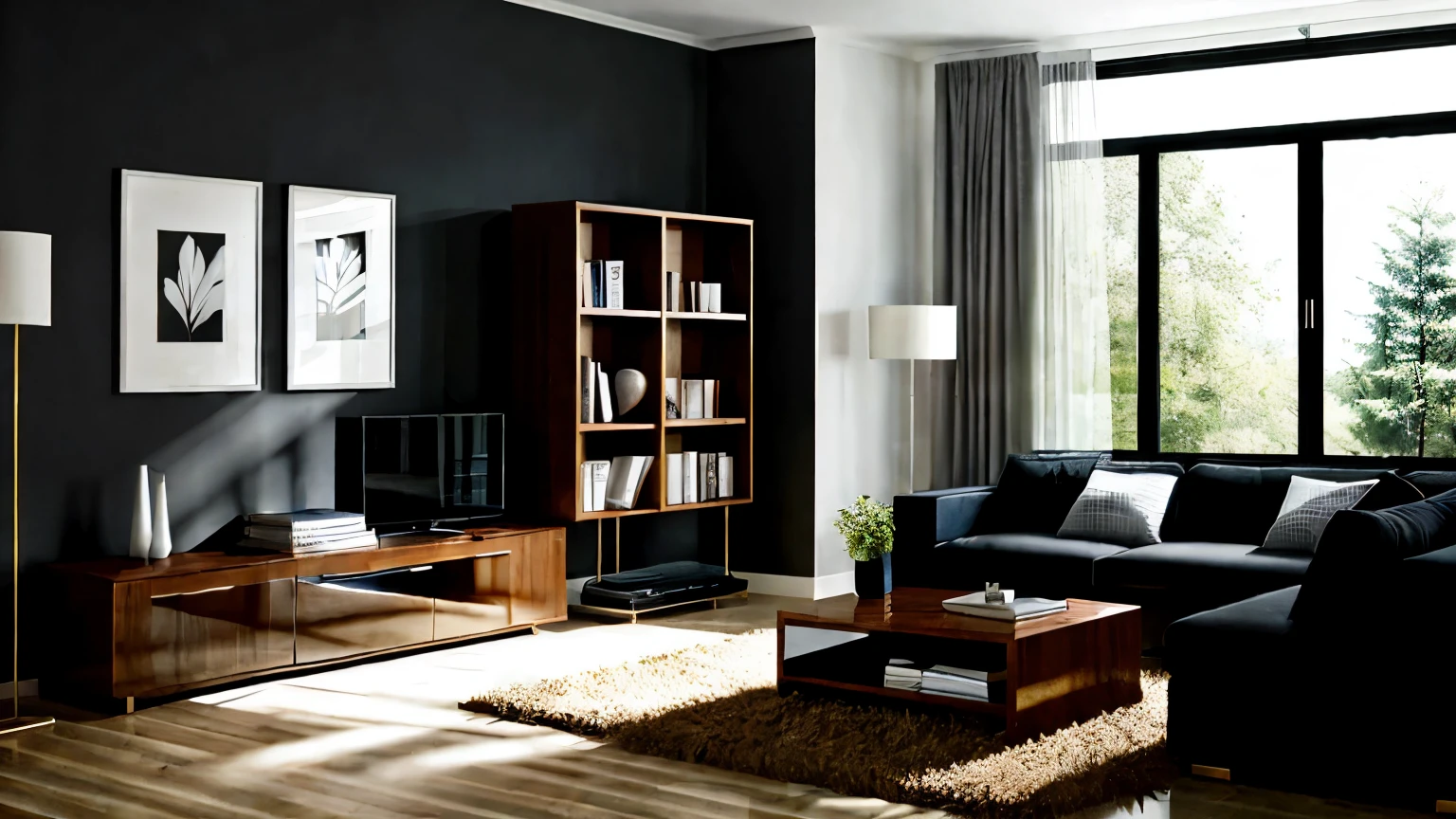 Dark home living room interior with couch and sideboard, panoramic window
