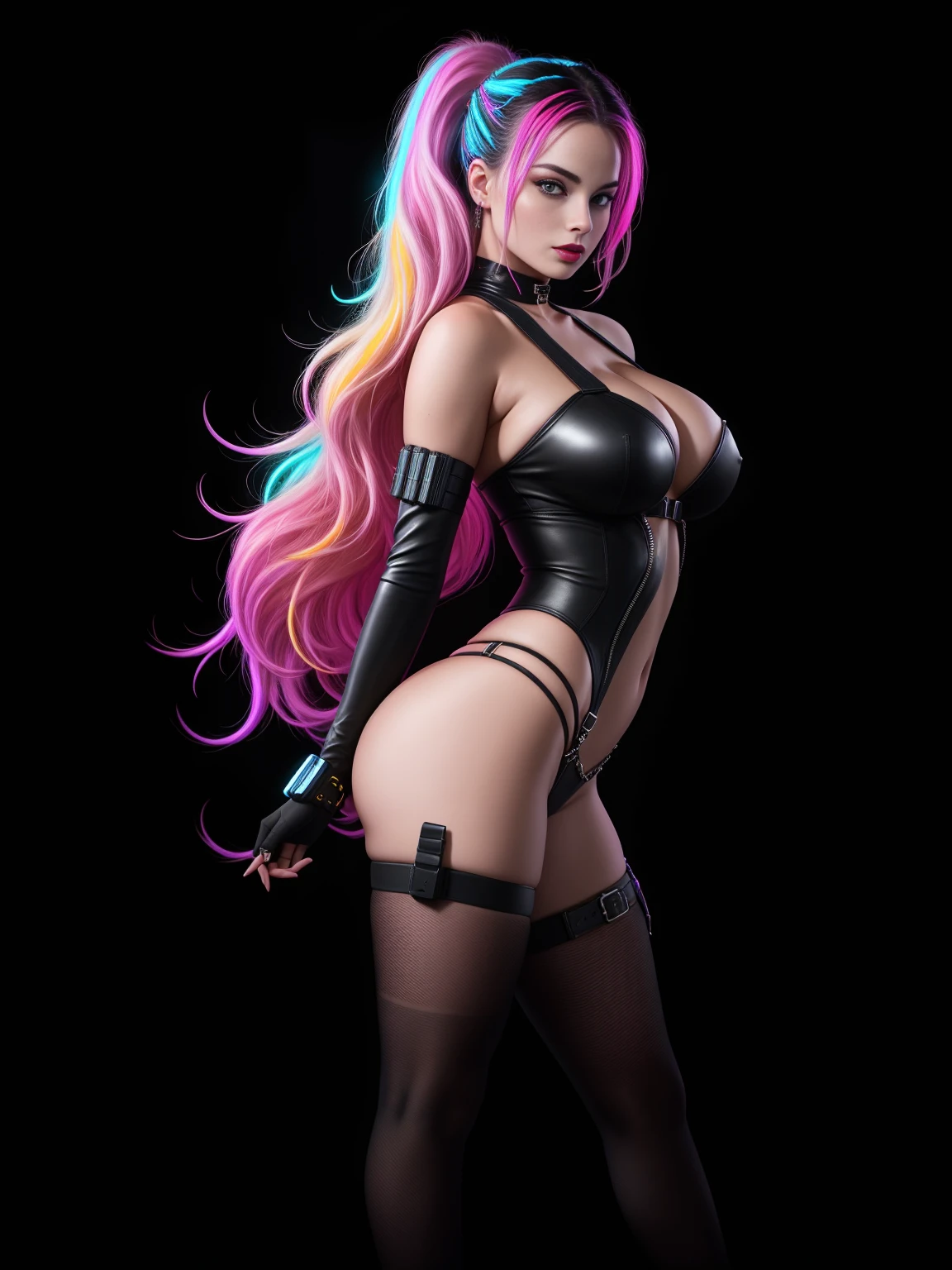 there is Margot Robbie, black neon streaked hair, hair in pony tail, 3 d neon art of a womans body, neon-noir background, cyberpunk femme fatale, seductive cyberpunk dark fantasy, cyberpunk strip clubs, cyberpunk 20 y. o model girl, oppai cyberpunk, banner, high definition cgsociety, cgsociety masterpiece, trending on cgstation, kda, random hair, nice ass, back to camera, gigantic breasts, cleavage, (high detailed skin:1.2), 8k uhd, dslr, super lighting, high quality, film grain, high res, highly detailed, hyper realistic, beautiful face, beautiful body, beautiful eyes nose lips, alluring expression, very bold, upper  visible, full body photo, standing legs apart, pale translucent glowing skin, most beautiful face, cute, (well defined pubic hair:1.2)), (dark plain black background:1.4))