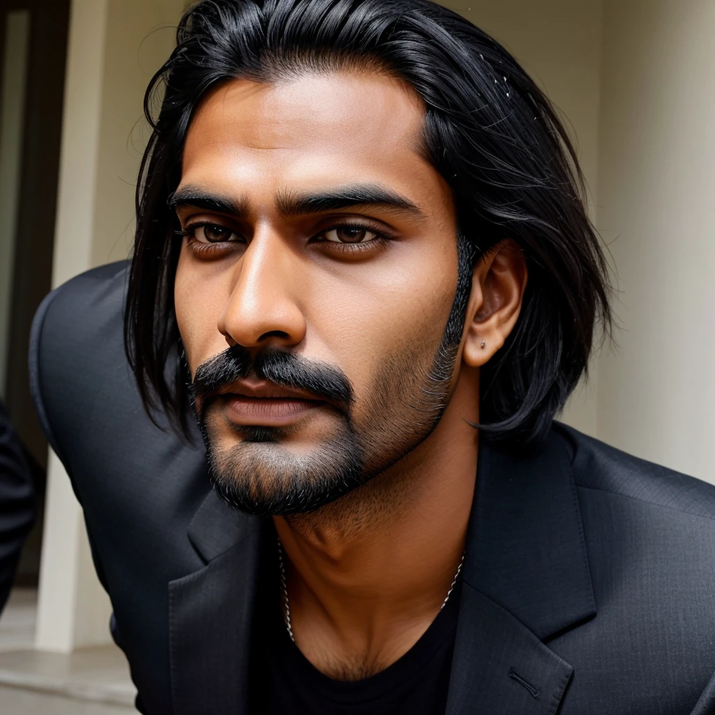 Close front view of An Indian man with hight 6 feet, black hair wearing black suit having rectangular face with high masculinity.