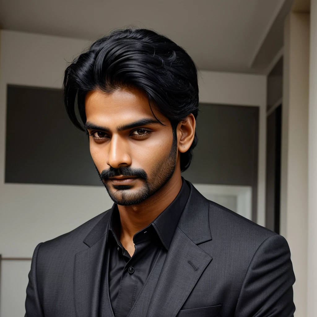 Close front view of An Indian man with hight 6 feet, black hair wearing black suit having rectangular face with high masculinity.