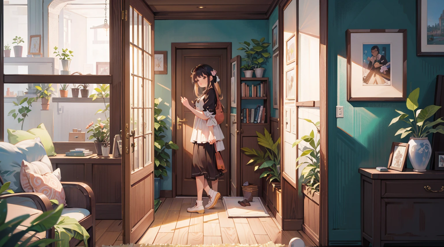 (Masterpiece), Best quality, Ultra-high resolution, detailed structure, Detailed architecture, (Warm pastel colors), indoor,(nobody:1.5)Pull the door frame to see the living room,Behind is the living room, plant, Stamens, indoor。Entrance