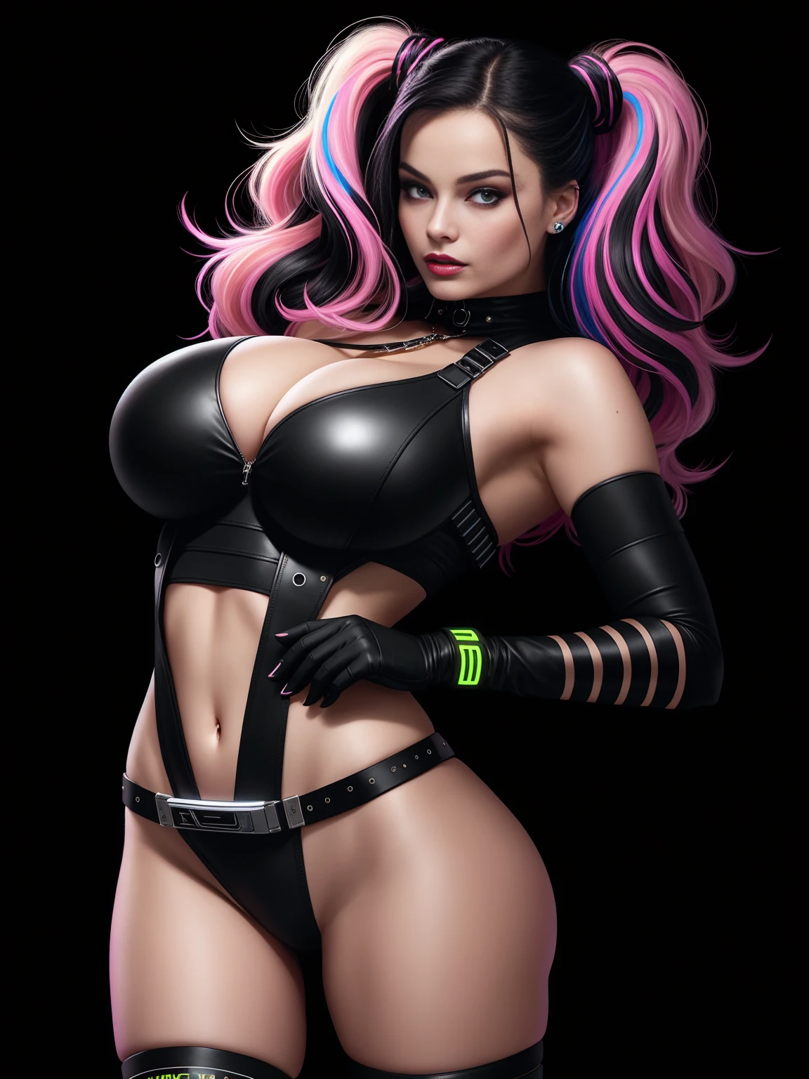 there is Margot Robbie, black neon streaked hair, hair in pony tail, 3 d neon art of a womans body, neon-noir background, cyberpunk femme fatale, seductive cyberpunk dark fantasy, cyberpunk strip clubs, cyberpunk 20 y. o model girl, oppai cyberpunk, banner, high definition cgsociety, cgsociety masterpiece, trending on cgstation, kda, random hair, nice ass, back to camera, gigantic breasts, cleavage, (high detailed skin:1.2), 8k uhd, dslr, super lighting, high quality, film grain, high res, highly detailed, hyper realistic, beautiful face, beautiful body, beautiful eyes nose lips, alluring expression, very bold, upper  visible, full body photo, standing legs apart, pale translucent glowing skin, most beautiful face, cute, (well defined pubic hair:1.2)), (dark plain black background:1.4))