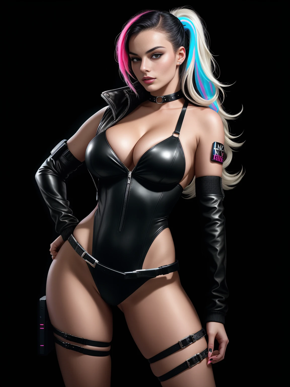 there is Margot Robbie, black neon streaked hair, hair in pony tail, 3 d neon art of a womans body, neon-noir background, cyberpunk femme fatale, seductive cyberpunk dark fantasy, cyberpunk strip clubs, cyberpunk 20 y. o model girl, oppai cyberpunk, banner, high definition cgsociety, cgsociety masterpiece, trending on cgstation, kda, random hair, nice ass, back to camera, gigantic breasts, cleavage, (high detailed skin:1.2), 8k uhd, dslr, super lighting, high quality, film grain, high res, highly detailed, hyper realistic, beautiful face, beautiful body, beautiful eyes nose lips, alluring expression, very bold, upper visible, full body photo, standing legs apart, pale translucent glowing skin, most beautiful face, cute, (well defined pubic hair:1.2)), (dark plain black background:1.4))