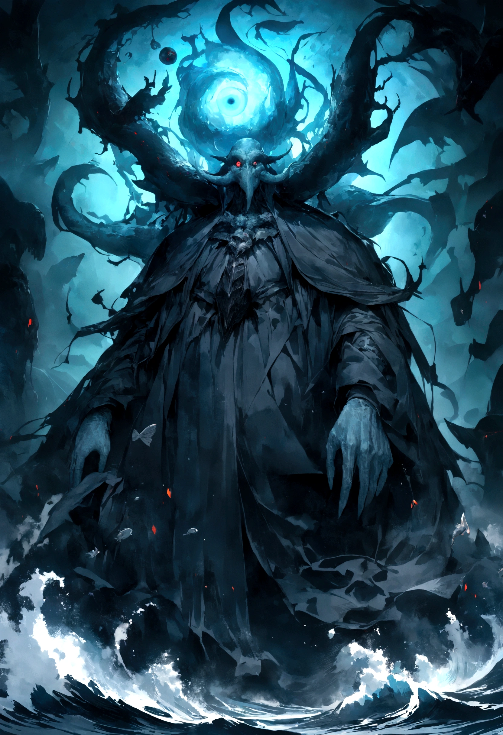 8K, Super detail, ccurate, Best quality, Masterpiece, Super detail, High details, High quality, Best quality, A high resolution
,nigth,darkly,raiden,Cthulhu,Monster,Fish,tentaculata,The whole body is the eyeball,Black seawater,Recife,swell sea