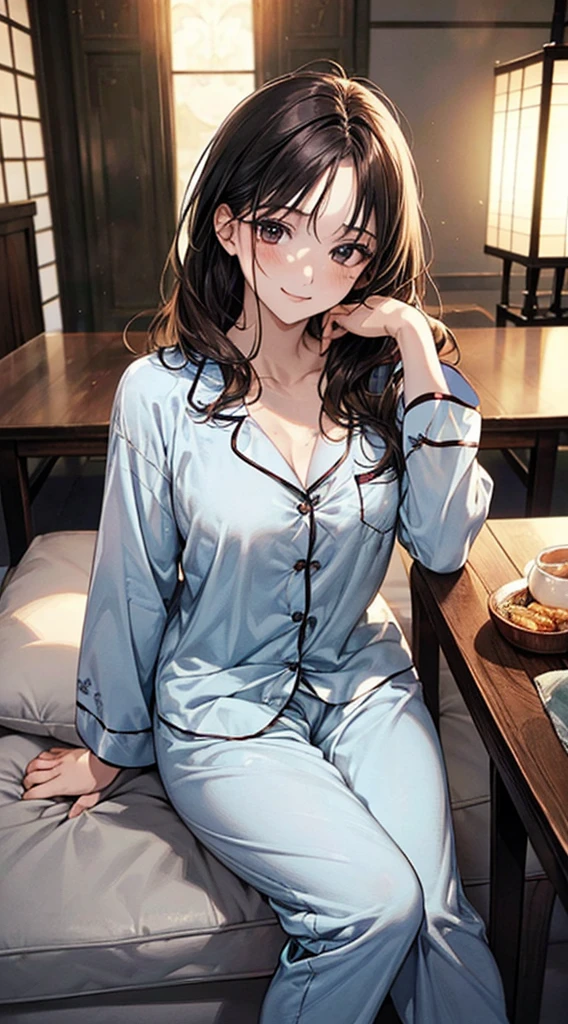 ((Perfect Anatomy, Anatomically correct, Very detailed肌)), 1 Girl, Japanese, , (Ultra-oily, lustrous skin with attention to detail:1.1), Take in the view, Adorable smile, 
Beautiful Hair, Beautiful Face, Beautiful attention to detail, (Mid-length hair:1.4, Messy Hair:1.2), Parted bangs, Baby Face, 
 clavicle, Beautiful body, Beautiful breasts, (Large Breasts:0.8), Beautiful thighs, Beautiful feet, 
((pajamas)), 
(Beautiful views), living room, table, Japanese cushion, 
(8k, Highest quality, Masterpiece​:1.2, Very detailed), (Realistic), Beautiful art, Visual Arts, Depth of written boundary, Cinema Lighting, ,