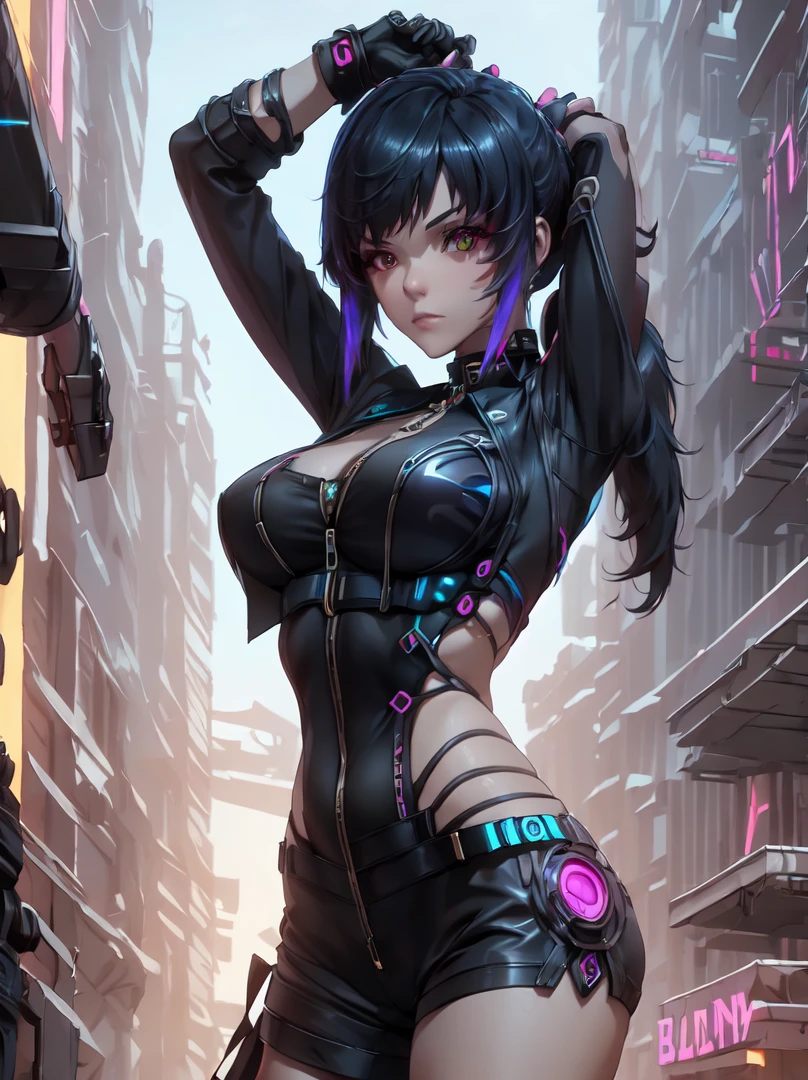 (masterpiece, best quality, aesthetic:1.4,) 1girl, Cyberpunk, futuristic, Yelan, BREAK, symmetrical face, highly detailed face, black hair, long hair, ponytail, holographic interface, BREAK, crimson eyes, highly detailed eyes, BREAK, large breasts, tight clothing, leather jacket, black shirt, BREAK, knee boots, black yoga pants, black gloves, tactical gear, BREAK, stretching, serious expression, standing, BREAK, female focus, upperbody, neon aesthetic, futuristic cityscape, sci-fi