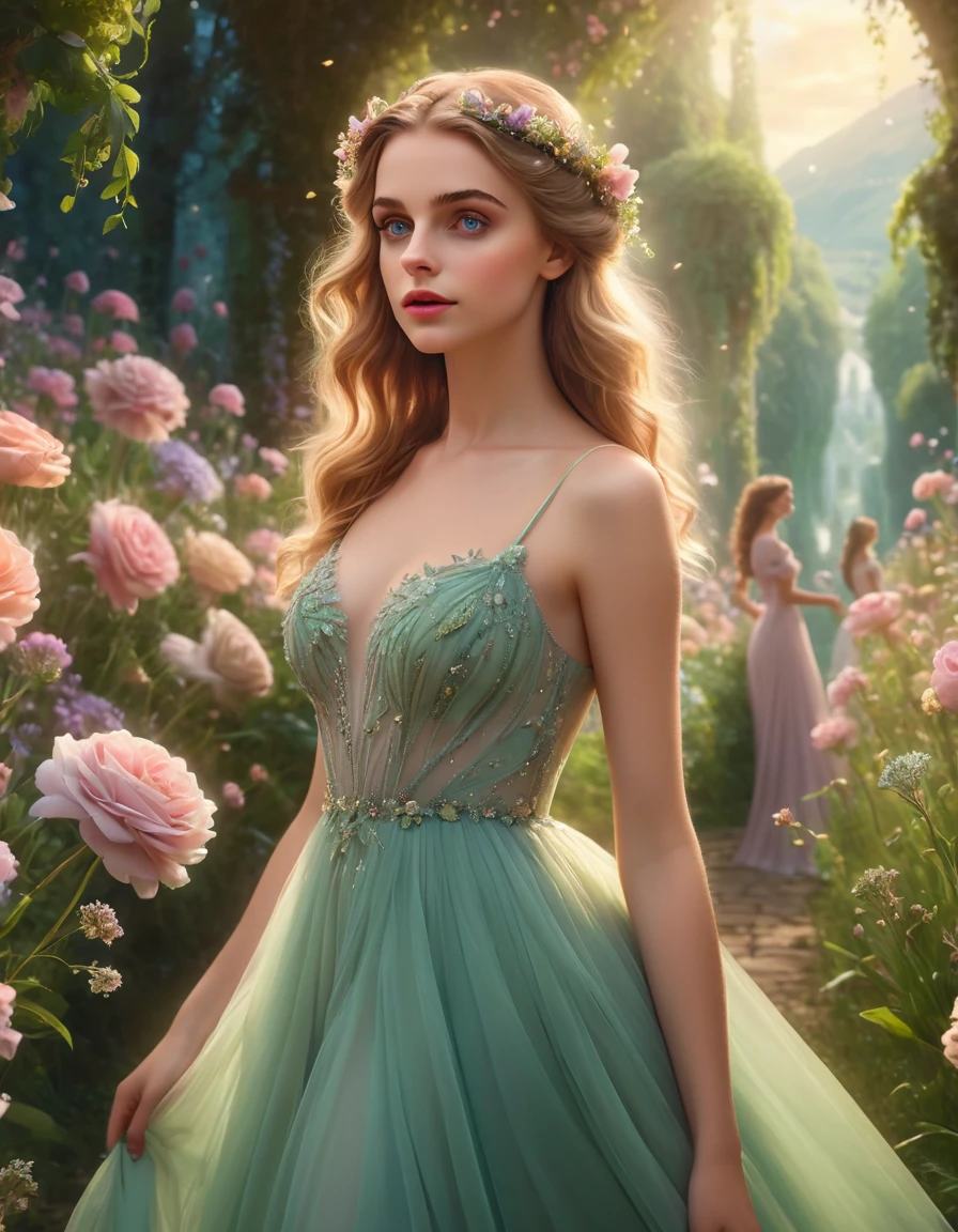a girl walking among many woman, 1girl, beautiful detailed eyes, beautiful detailed lips, extremely detailed eyes and face, long eyelashes, elegant dress, graceful pose, soft lighting, muted color palette, cinematic composition, dramatic lighting, ethereal atmosphere, fantasy landscape, lush vegetation, floating flowers, dreamlike, whimsical, magical realism, (best quality,4k,8k,highres,masterpiece:1.2),ultra-detailed,(realistic,photorealistic,photo-realistic:1.37)