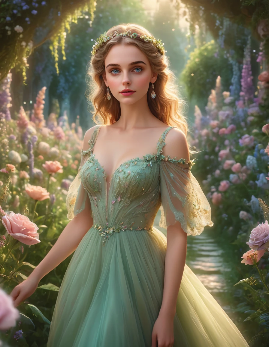 a girl walking among many woman, 1girl, beautiful detailed eyes, beautiful detailed lips, extremely detailed eyes and face, long eyelashes, elegant dress, graceful pose, soft lighting, muted color palette, cinematic composition, dramatic lighting, ethereal atmosphere, fantasy landscape, lush vegetation, floating flowers, dreamlike, whimsical, magical realism, (best quality,4k,8k,highres,masterpiece:1.2),ultra-detailed,(realistic,photorealistic,photo-realistic:1.37)