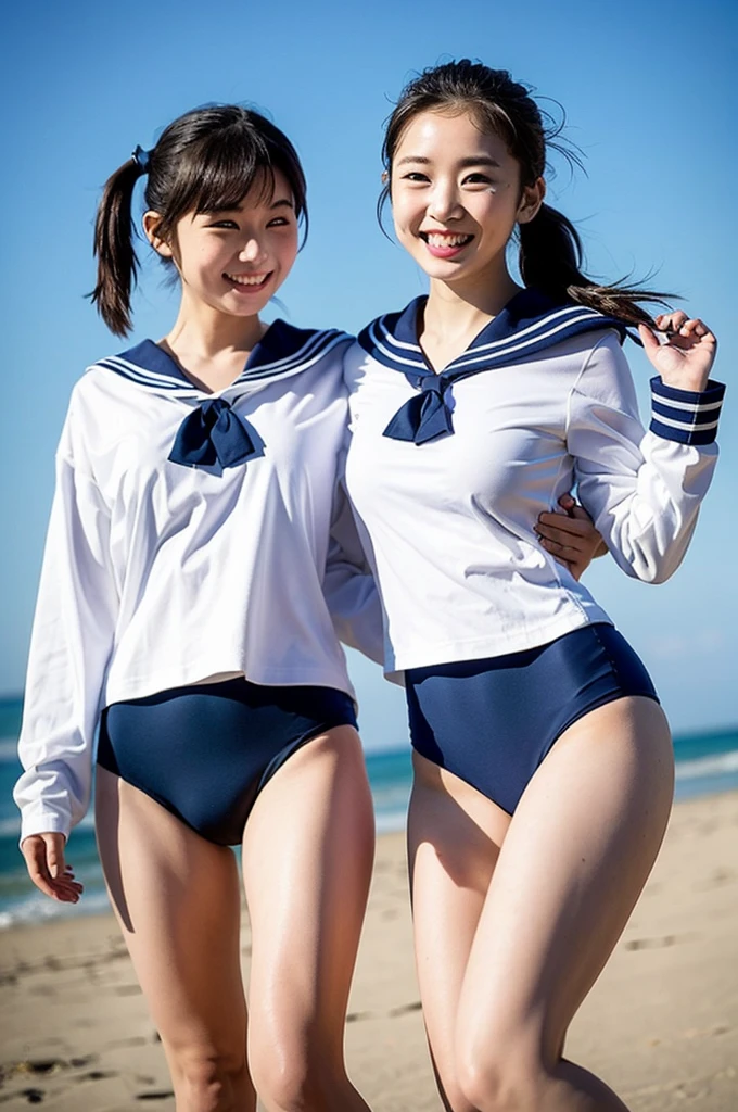 2 girls skipping on beach,long-sleeved white sailor shirt over navy blue school swimsuit,18-year-old,bangs,a little smile,thighs,knees,short hair and low ponytails with barrette,from below,front light