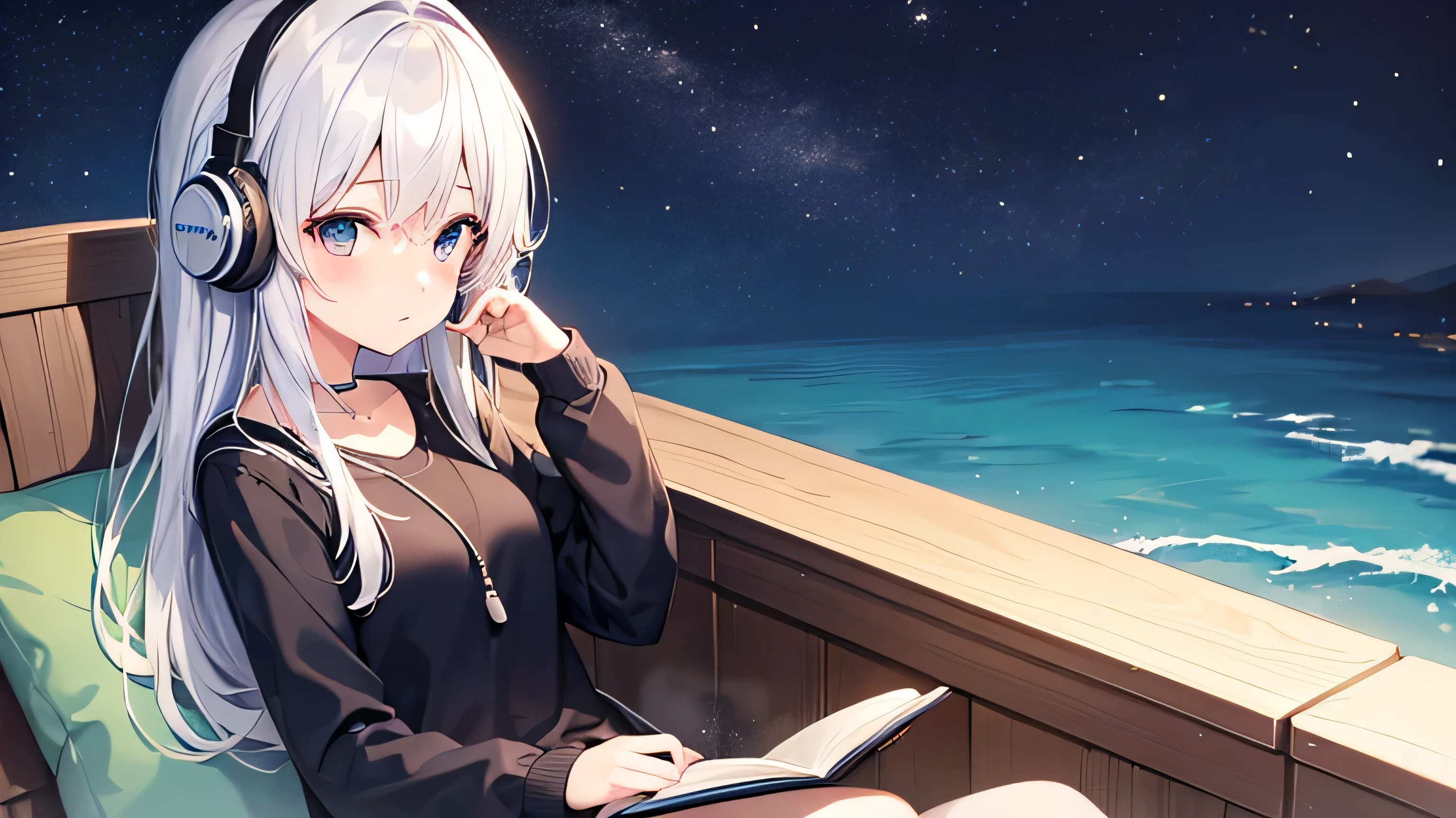 ChilloutArtwork that matches the music、Anime Style、girl with headphones、Reading a book