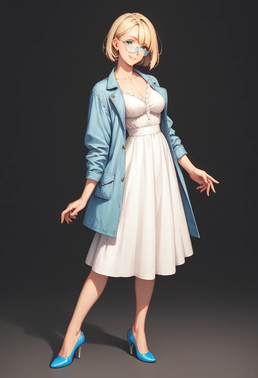 beautiful woman, solo, full body, standing, medium bob cut blonde hair, light blue eyes, two points glasses, medium breasts, blue opened jacket, white blouse, white long pleats skirt, blue high heels, soft smile, perfect hands with 5 fingers, black background, no background