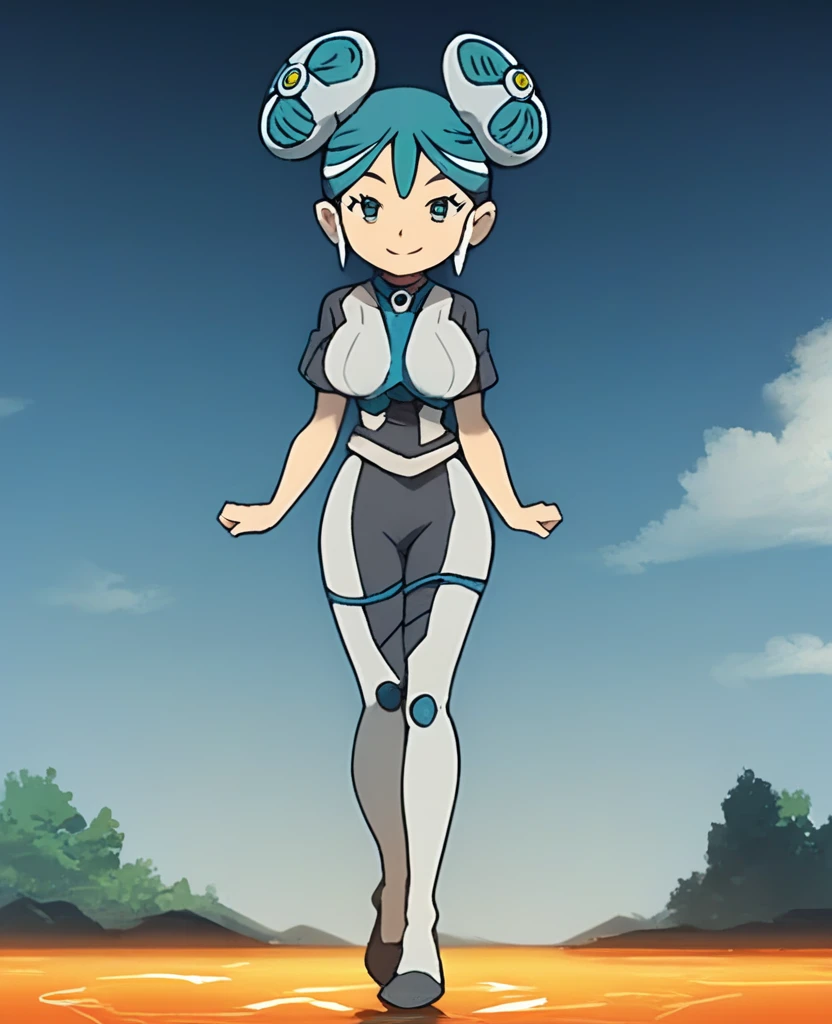 beautiful and detailed portrait of jenny wakeman,happy,sexy smile, blue eyes,blue midriff, blue mini skirt, running through a grass field, blue, cloudy sky, white metallic robotic skin, robot joints