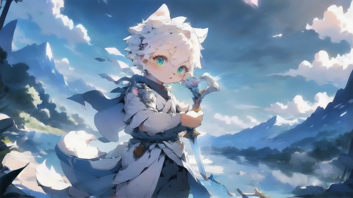 A white wolf,Handheld scrolls,Black and white armor,Silver longsword,Sky blue pupils,Cool colors,map,Flowing robe,Clear blue sky,Gorgeous clothing,Cute Shota,boys,Sword at waist,Hold the hilt of a sword in your hand,snow,To know,Mountains,cloud