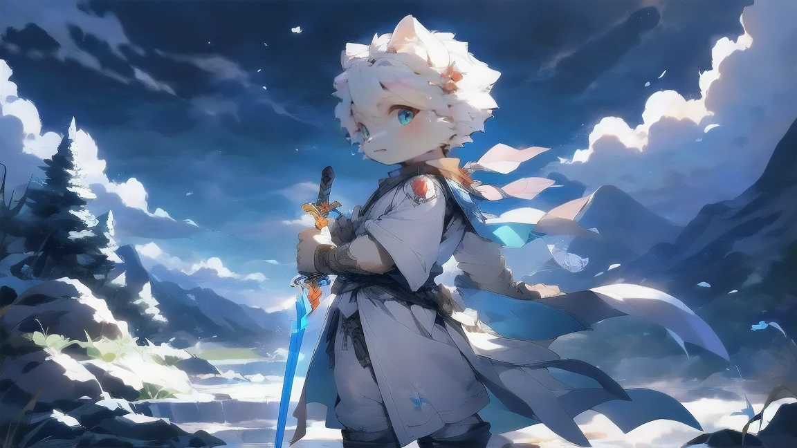 A white wolf,Handheld scrolls,Black and white armor,Silver longsword,Sky blue pupils,Cool colors,map,Flowing robe,Clear blue sky,Gorgeous clothing,Cute Shota,boys,Sword at waist,Hold the hilt of a sword in your hand,snow,To know,Mountains,cloud
