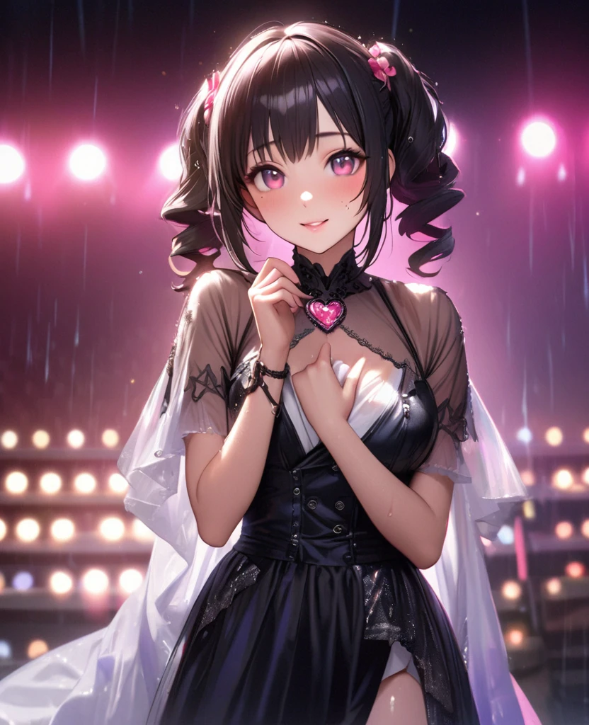 One Girl、Looking at the audience、lovely,
Beautiful pink eyes、short twin tail hair , Mole under the eye、Plump and glossy lips、Heart-shaped choca、Idol、Her name is Rico,smile、ー、。.。.。.。.。.。.。.。.。.。.。.。.。.。.。.。.。.。.3D、Realistic、
The idol's costume was soaked in the heavy rain, and her chest was wet and transparent.Heavy rain at outdoor concert, Drape clothes、gem、The decoration has been removed、Floral、Lace trim,On a glittering stage、
masterpiece、highest quality、8k、Detailed skin texture、Detailed cloth texture、Beautifully detailed face、Intricate details、Very detailed、
超A high resolution、8k Ultra HD、Film Grain、Best Shadow、delicate、Gazing at the audience、front