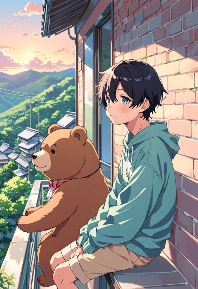 Anime boys sit on some ledges，Delicate Faces，ultra Detailed，Bu Bear，cute art style，Loepfe Art Style，cute detailed digital art，anime asthetic，Cute anime，high quality anime artstyle，Anime Boy，Anime Art Style，Lovely detailed artwork，Soft anime illustration，lofi girl，lofi aesthetic，lofi art，Loepfe，cute artwork，High-quality doujin art，illustrated anime