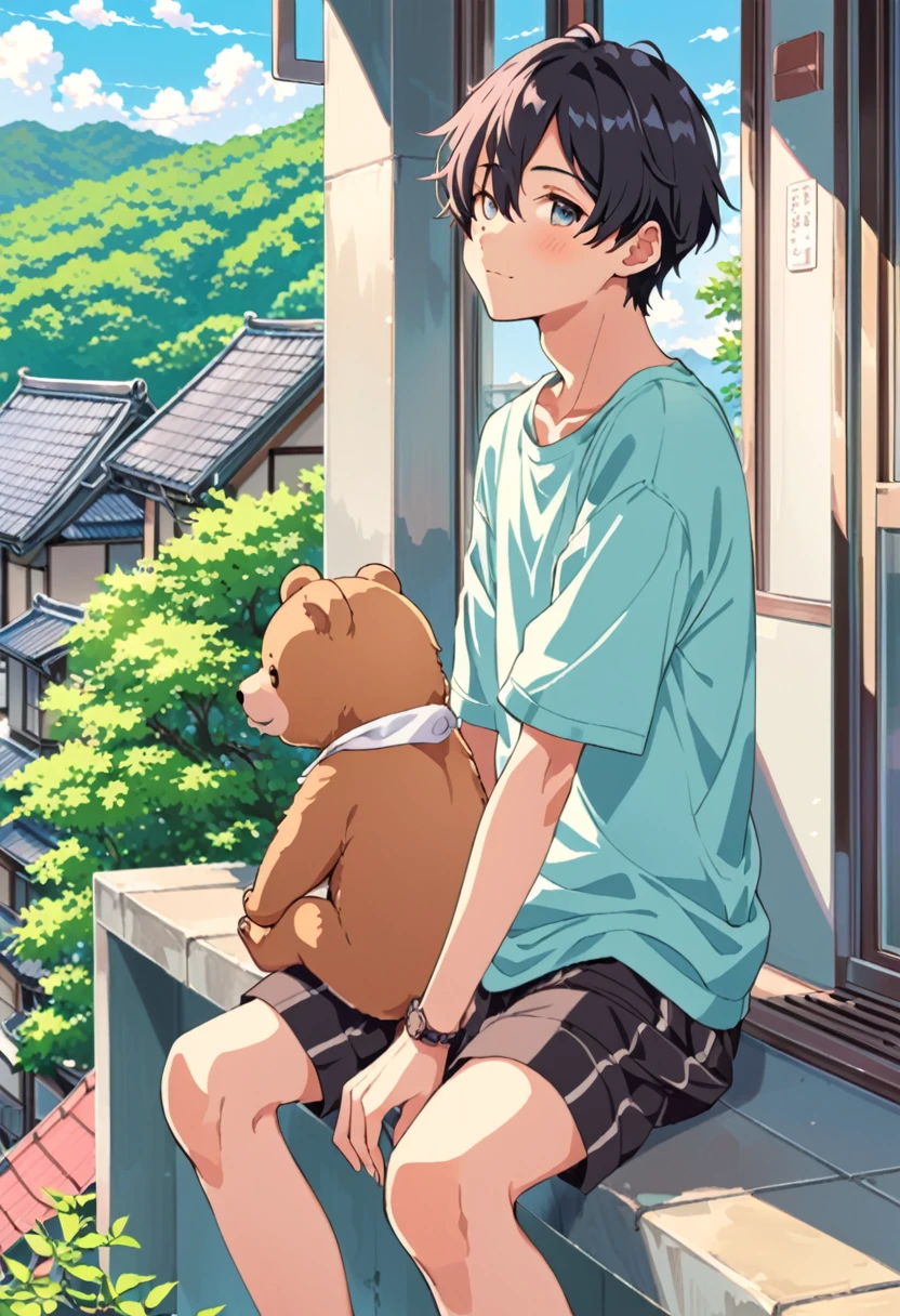 Anime boys sit on some ledges，Delicate Faces，ultra Detailed，Bu Bear，cute art style，Loepfe Art Style，cute detailed digital art，anime asthetic，Cute anime，high quality anime artstyle，Anime Boy，Anime Art Style，Lovely detailed artwork，Soft anime illustration，lofi girl，lofi aesthetic，lofi art，Loepfe，cute artwork，High-quality doujin art，illustrated anime