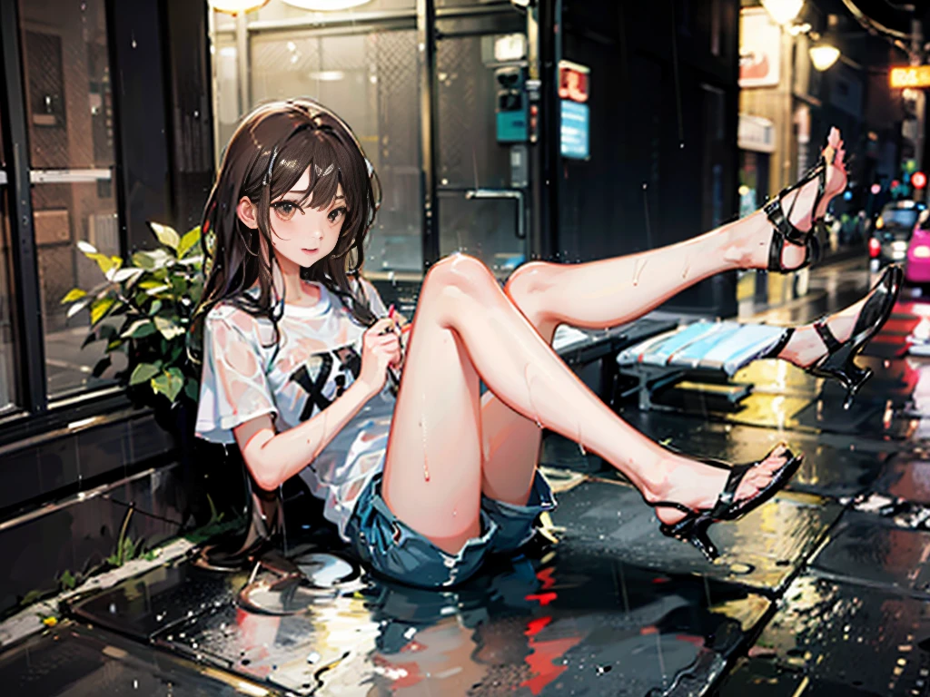 A -yeld gifair，Long brown hair，Very thin，small thin legs，rain，street，White shirt，Wet clothes，shorts，Bare legs，The legs are very thin，energetic，whole body，