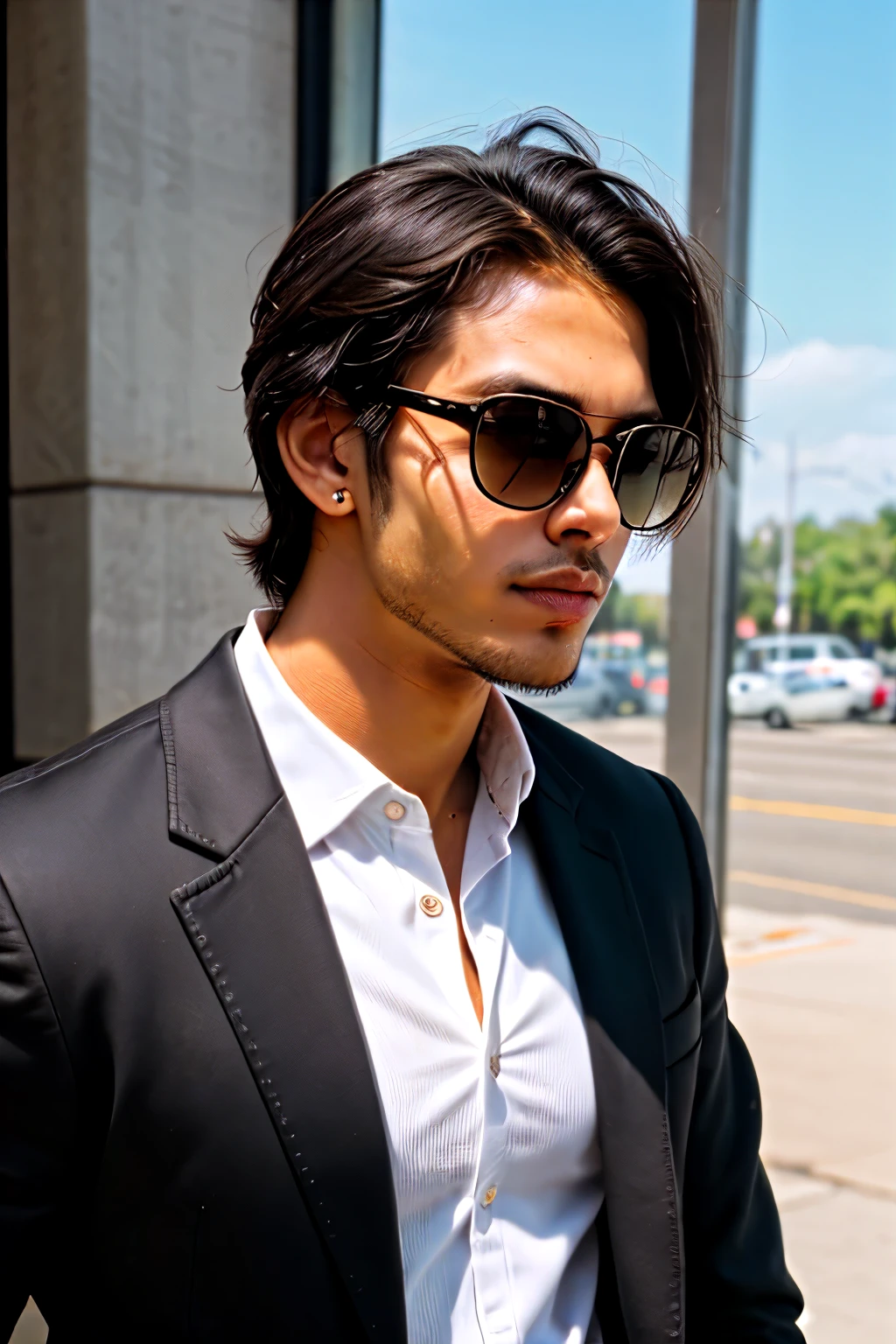 A close front view of a male with high masculinity, wide rectangular face, bass in the voice, 6 feet tall, brown skin, black medium hair, brown eyes,attractive jawline, wearing a Black blazer with cream white shirt beneath it, wearing stylish sunglasses and having a philosophy book.