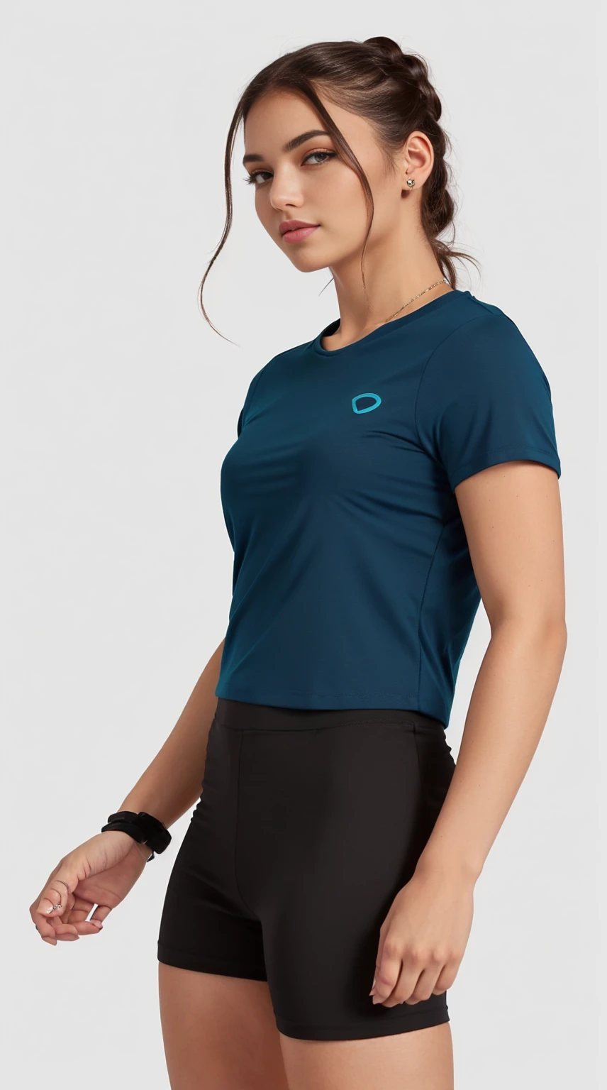 uma mulher de camisa azul e short preto posando para uma foto, camiseta azul apertada, com camiseta rasgada, vestindo um top cortados, roupas esportivas, vestindo um top cortado, Roupa casual, manga curta, in teal clothes, in a dark teal polo shirt, usando um top cropped sexy, usando top curto, corte superior