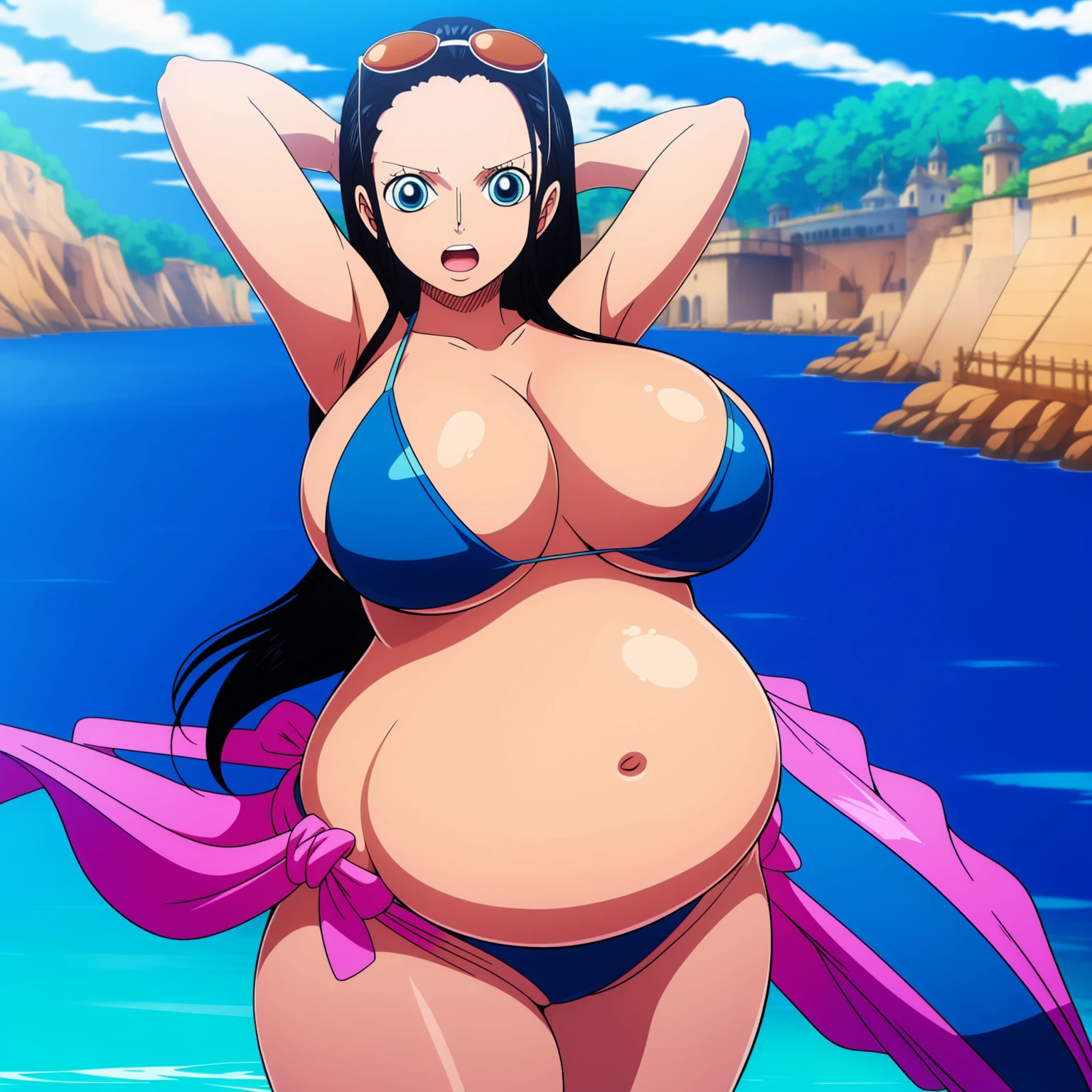 Robin de One Piece, sexy pose, blue bikini, 8k, Anime, plage, gros boob, gros cul, look sexy, blue eyes, ((big belly, massive belly, chubby, giant belly)), shocked, open mouth, (hands behind head:1.4), (solo:1.5)