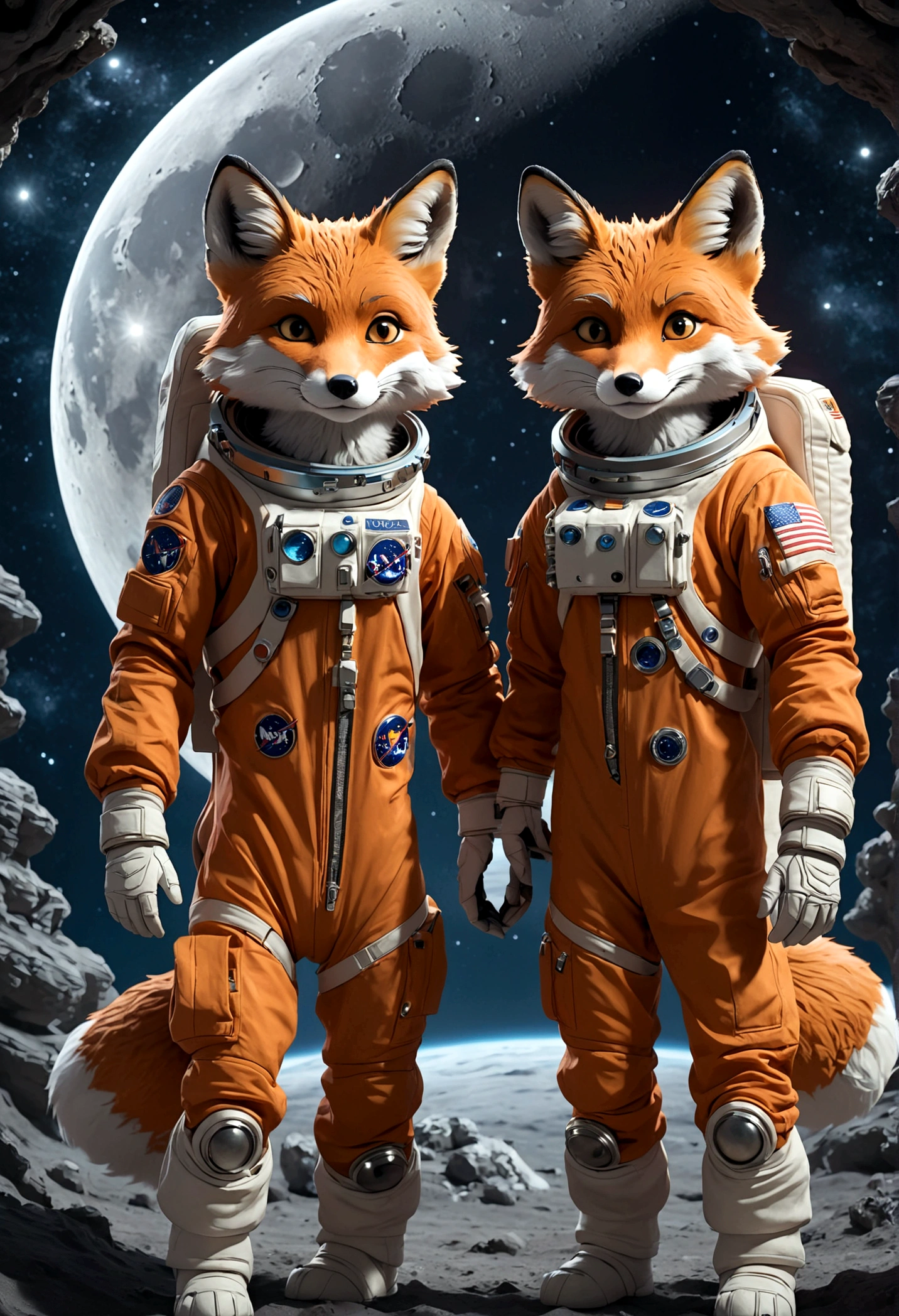 two humanoid foxes, Astronaut outfit, full body, galaxy moon style, light and shadow