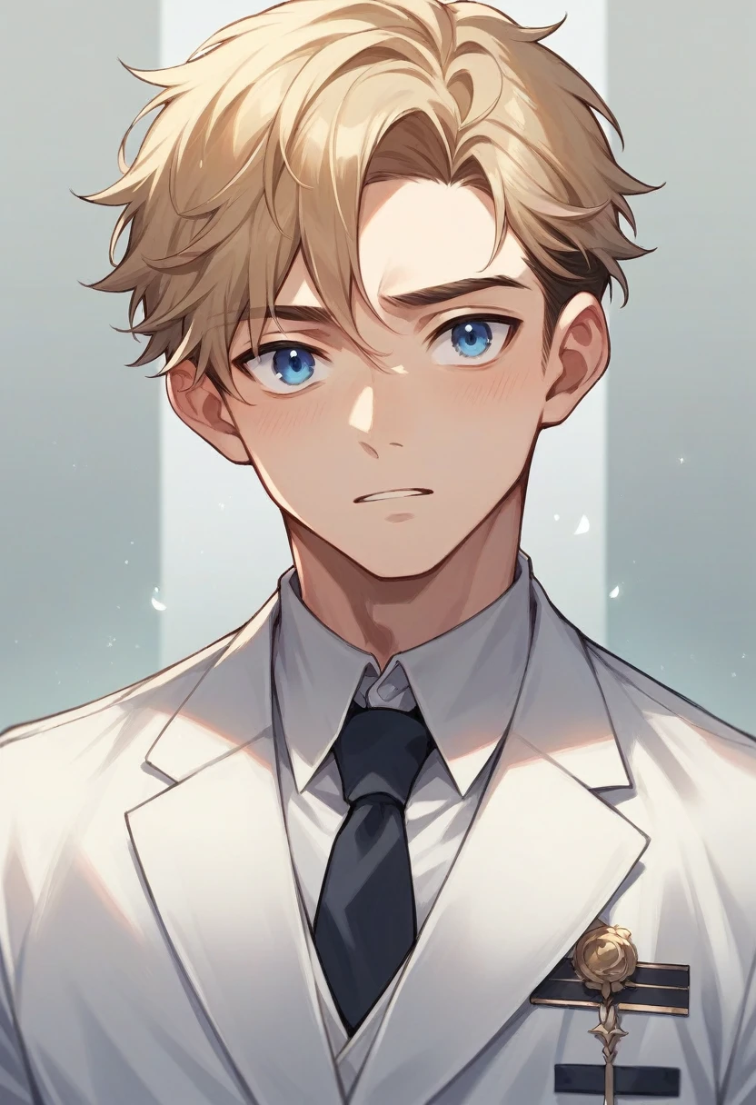 A young man with blue eyes and blond hair, wearing a gray formal suit 
