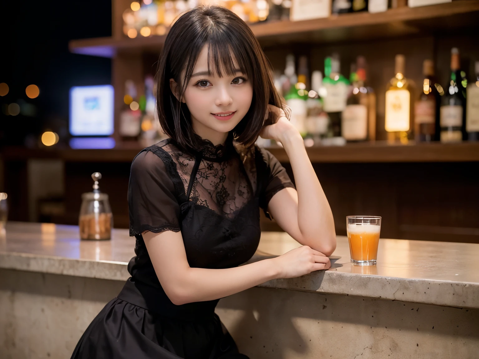 (Highest quality, masterpiece, Ultra-high resolution, 8k, RAW Photos, Realistic, Anatomically correct:1.5), (Stainless steel round bar fence:1.0, Put your elbow on the fence:1.2, Short Bob Cut, 20-year-old girl:1.2, Embarrassing, avert your eyes, blush:1.0, View Viewer, ((bar)) 、Night view、 Light:1.2, Bokeh, Cinema Lighting:1.0, Depth of written boundary, sharp、 Cute face、Idol、Black short sleeve lace top、Black tulle skirt、Black clothing、”dwarf”、(Floral clothes)、Full Body Shot、Cowboy Shot、 smile,