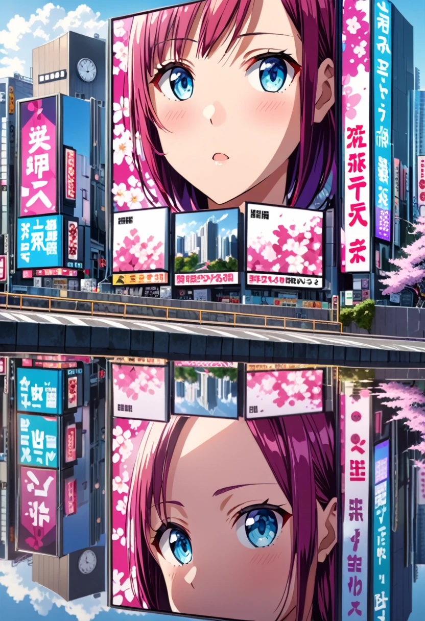 (highest quality, 4k, 8k, high resolution, masterpiece:1.2), ultra detailed, (realistic, photo realistic, photo-realistic:1.37), japanese billboard,, anime style, vibrant colors, crisp, eye-catching, cityscape, modern, reflection, typography, urban, cityscape, cherry blossom, geometric shapes, shiny surfaces, contrast, anime characters, sleek design, motion effects, iconic expressions, textured background, commercial, digital display, attention-grabbing, lively, alpha channel, vertical format