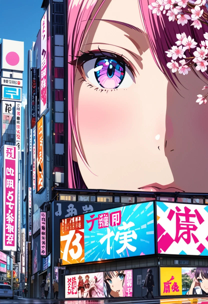 (highest quality, 4k, 8k, high resolution, masterpiece:1.2), ultra detailed, (realistic, photo realistic, photo-realistic:1.37), japanese billboard,, anime style, vibrant colors, crisp, eye-catching, cityscape, modern, reflection, typography, urban, cityscape, cherry blossom, geometric shapes, shiny surfaces, contrast, anime characters, sleek design, motion effects, iconic expressions, textured background, commercial, digital display, attention-grabbing, lively, alpha channel, vertical format