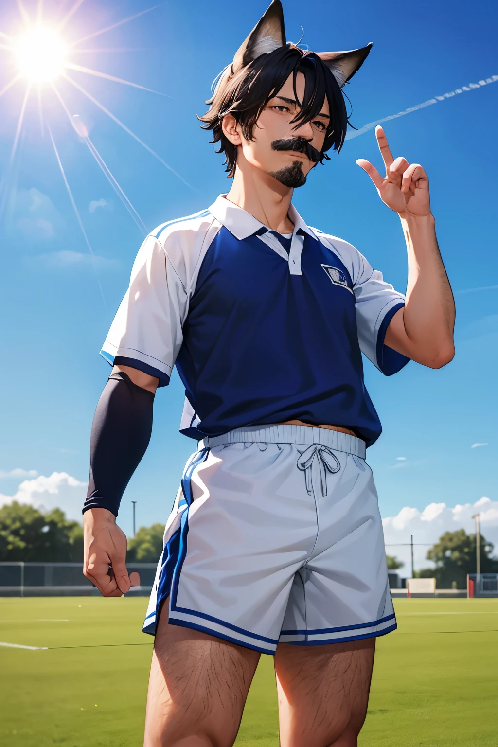 1adult men,30 years old,standing,talking,Moustache, hand gestures,Blue fox ears, blue fox tail,Sports uniform, in the training ground, on the field,In the morning, the sun is bright,,half body photo, Ultra detail, ultra HD, masterpiece