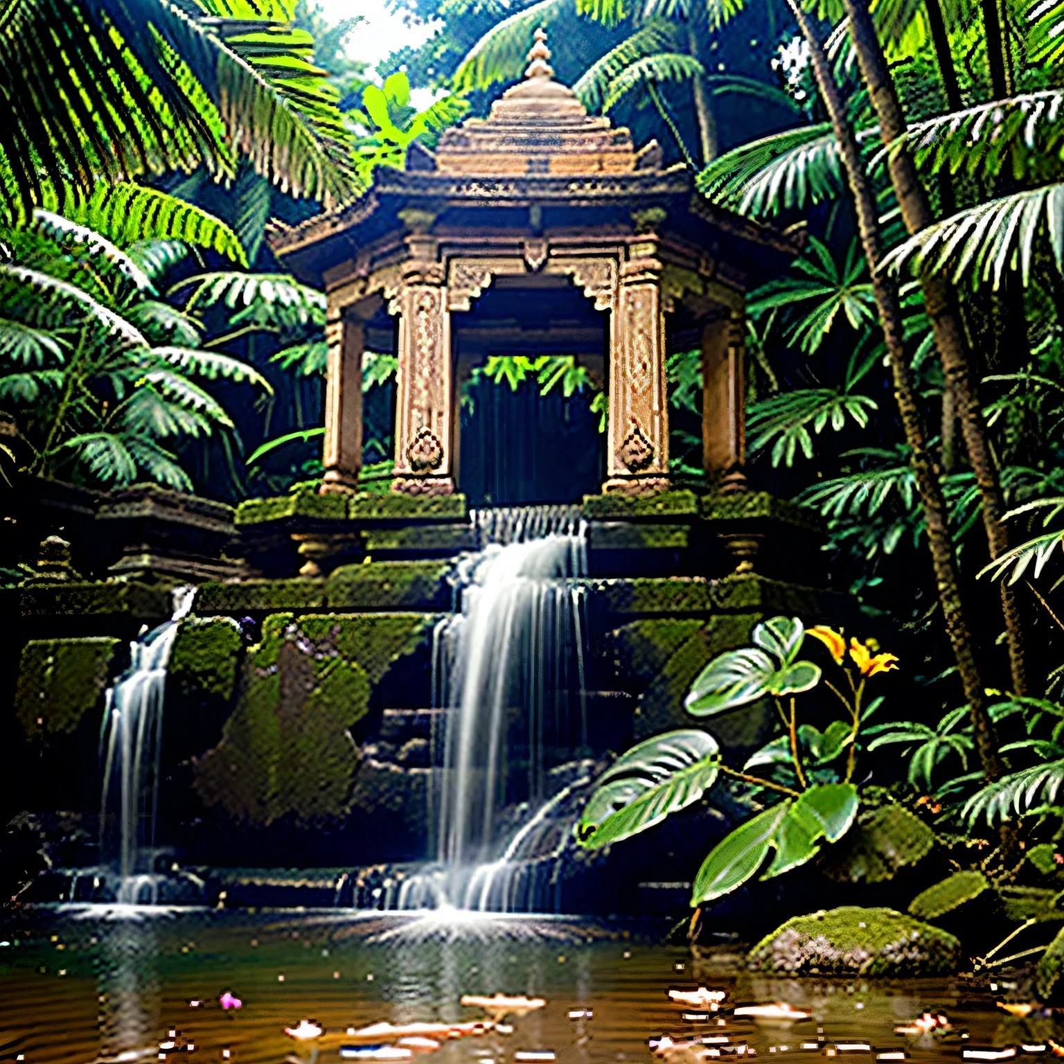 Jungle, long abandoned Indian temple height and background, flore riche, flore de couleur : vert,un peu rose, un peu jaune et orange; un tigre blanc, tigre blanc boit dans un petit coin d'eau avec une cascade la remplissant en premier plan.