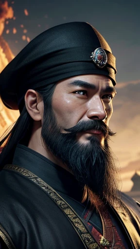 Oriental、Men in ancient Chinese costumes、ancient chinese hairstyle male、Three Kingdoms、Multiple warlords、Highest quality、masterpiece、Ultra-high resolution、(Realistic:1.4)、Game Poster、Crisp and beautiful image quality、Black clothes、Long beard、Cloth hair cap、