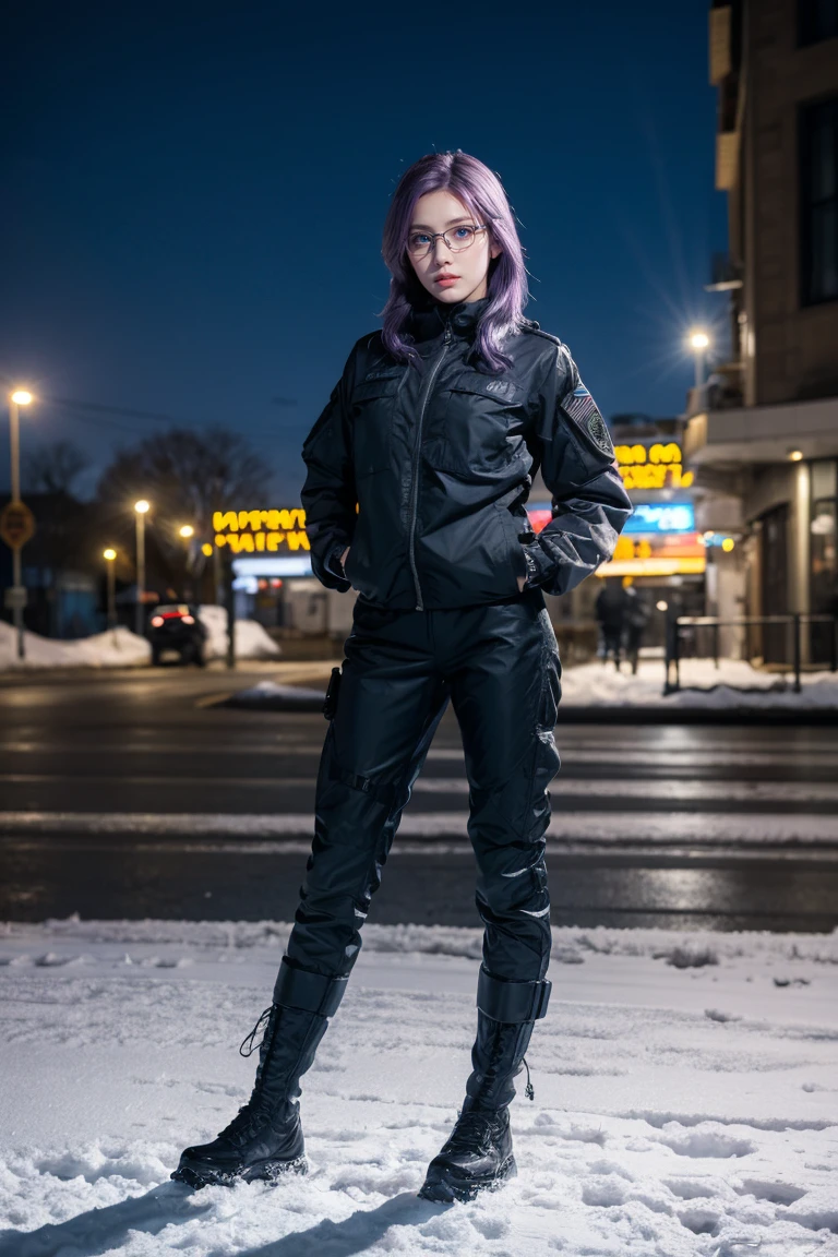 1 girl, beautiful purple hair, blue eyes detailed, wearing glasses, military, wearing military tactical gear, black military tactical jacket, black military pants, plack military boots, winter, night, city, snow, realistic, ultra-detailed, HDR, 4k, full body, realistic lighting and contrast