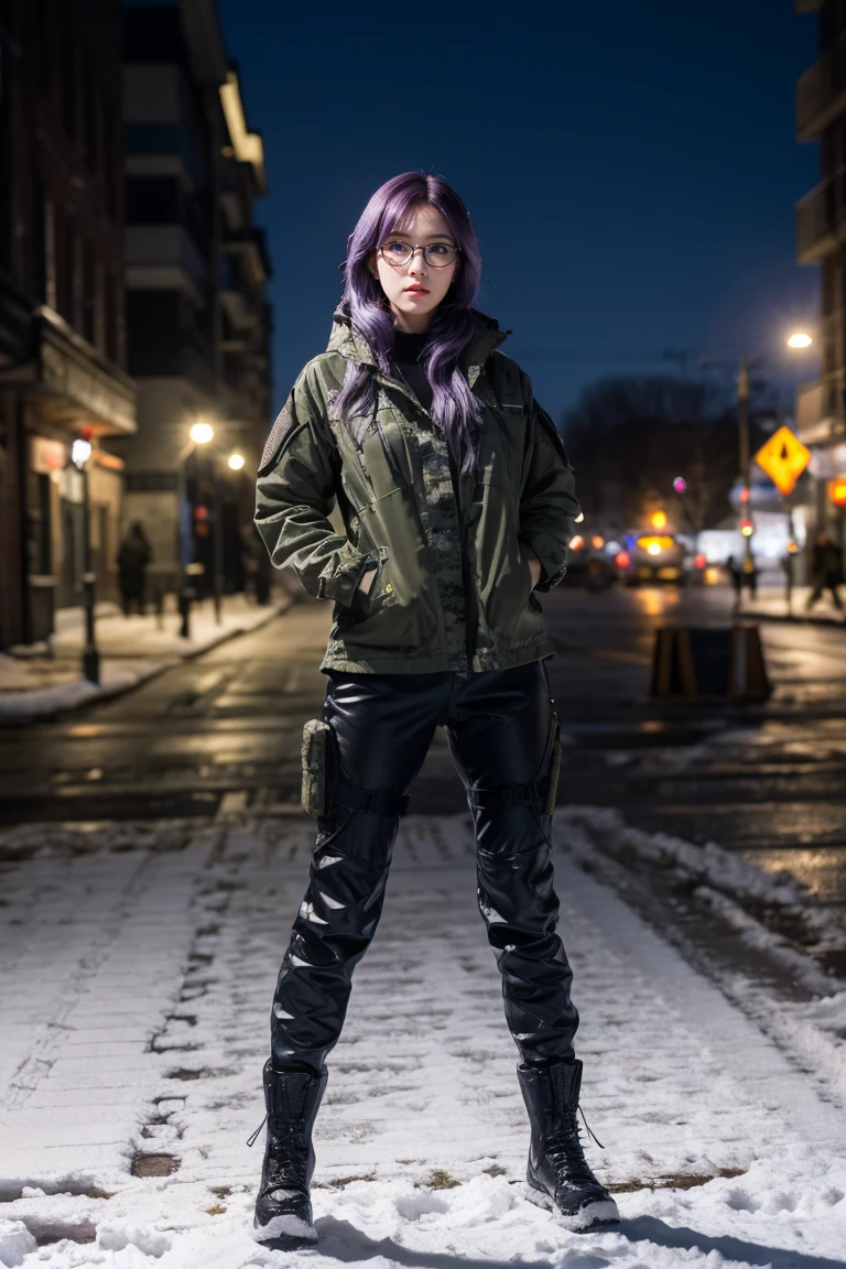 1 girl, beautiful purple hair, blue eyes detailed, wearing glasses, military, wearing military tactical gear, black military tactical jacket, black military pants, plack military boots, winter, night, city, snow, realistic, ultra-detailed, HDR, 4k, full body, realistic lighting and contrast