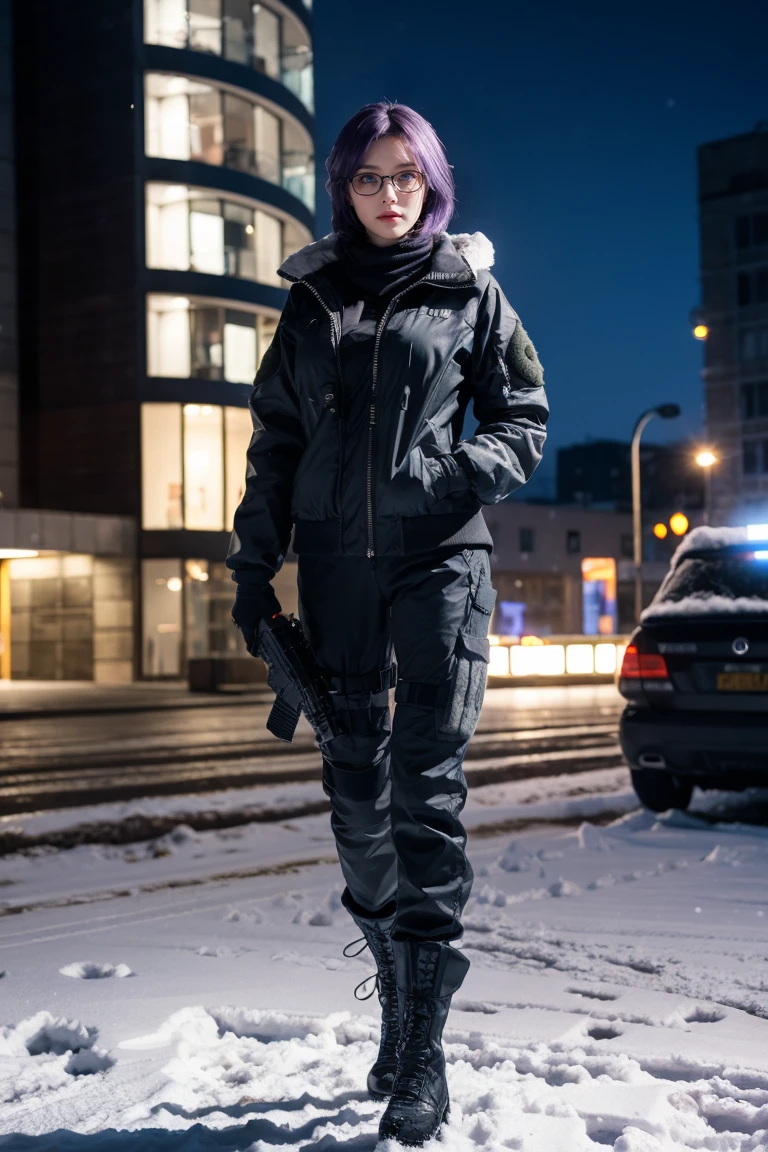 1 girl, beautiful purple hair, blue eyes detailed, wearing glasses, military, wearing military tactical gear, black military tactical jacket, black military pants, plack military boots, winter, night, city, snow, realistic, ultra-detailed, HDR, 4k, full body, realistic lighting and contrast