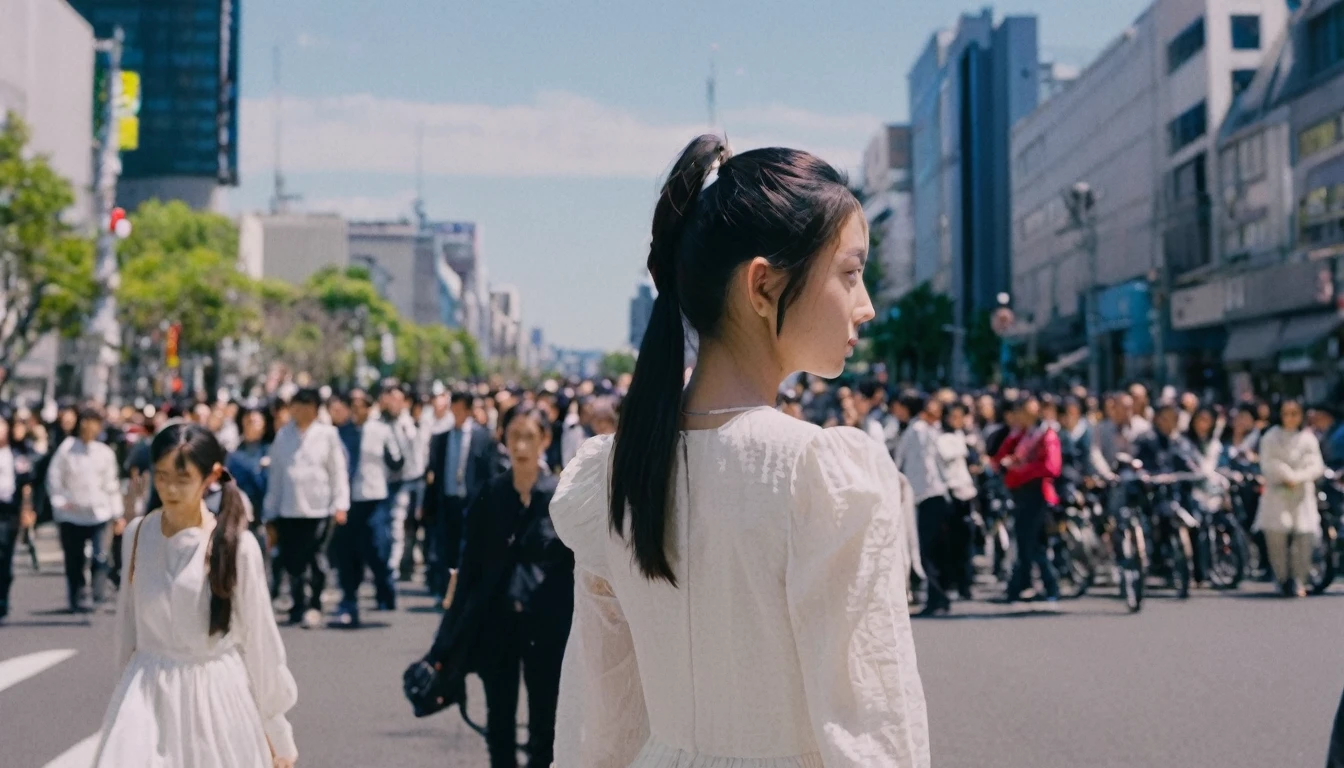 a girl, 17yo, (from back), wide shot, black hair, (two ponytails), looking ahead, white dress, long sleeves, walking Tokyo city road, buildings, crowd of people, blue sky, bloom, glowing,