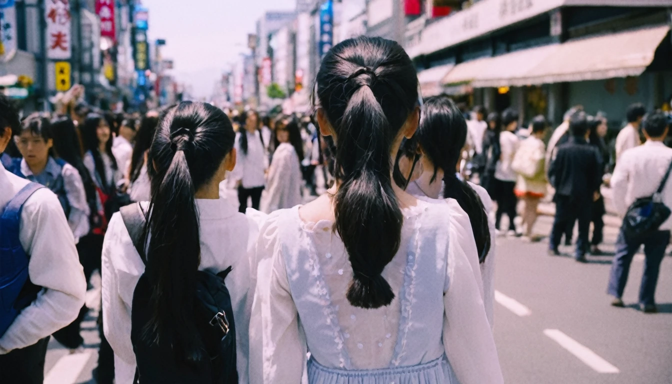 a girl, yo, (from back), wide shot, black hair, (two ponytails), looking ahead, white dress, long sleeves, walking Tokyo city road, buildings, crowd of people, blue sky, bloom, glowing,
