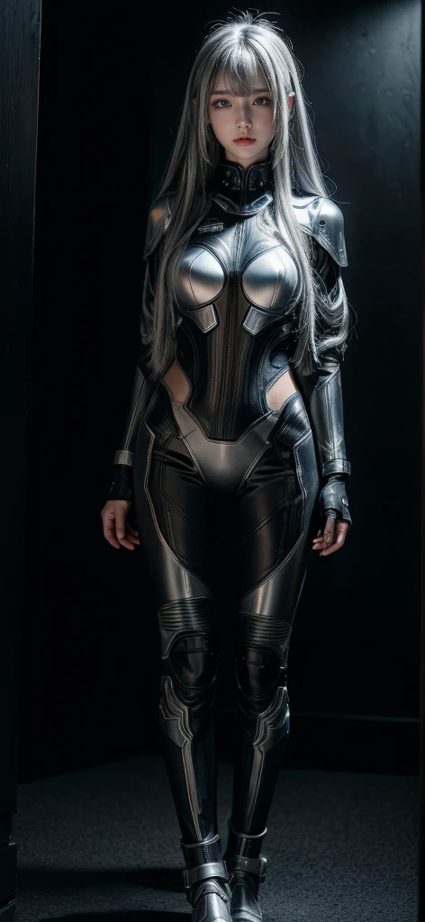 cyber angel,machine wing,laser sword,{{Sci-Fi Armor}},cyber suit,cyberpunk,science fiction,cyber battle armor,Battledress,Military Uniforms,pants,black military uniform,whole body,Height: 168cm,almond shape eyes,{{{{{silver eyes}}}}},{{{{{dull bangs}}}}},(slanted eyes},{{whole body},{{{1 girl}}}, long hair, straight hair,{{{{silver hair}}}},{{{tsurime}}},30 years old,{Medium chest},{{bush}},silver eyes,{{{masterpiece}}}, {{{highest quality}}}, {{Super detailed}}, {shape}, {{very delicate and beautiful}},very detailed,detailed perfect,detailed hyper,Abundant thighs,big ass,black clothes