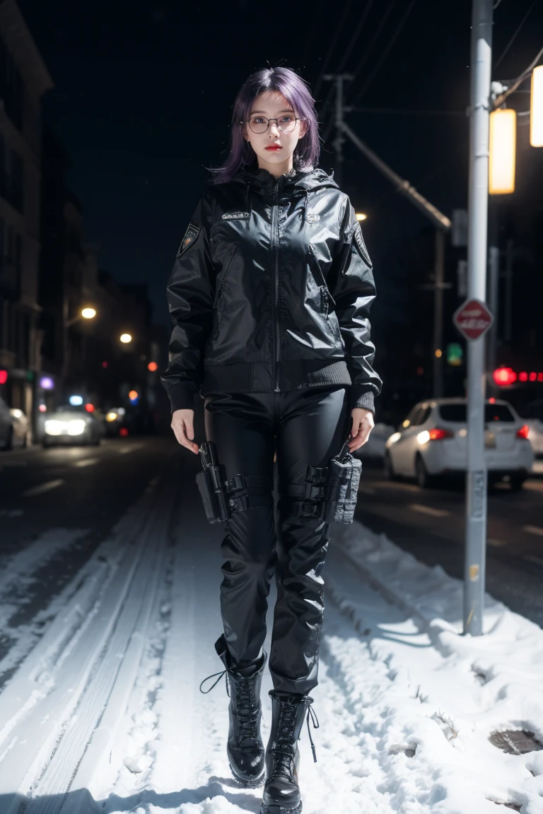 1 girl, beautiful purple hair, blue eyes detailed, wearing glasses, military, wearing military tactical gear, black military tactical jacket, black military pants, plack military boots, winter, night, city, snow, realistic, ultra-detailed, HDR, 4k, full body, realistic lighting and contrast