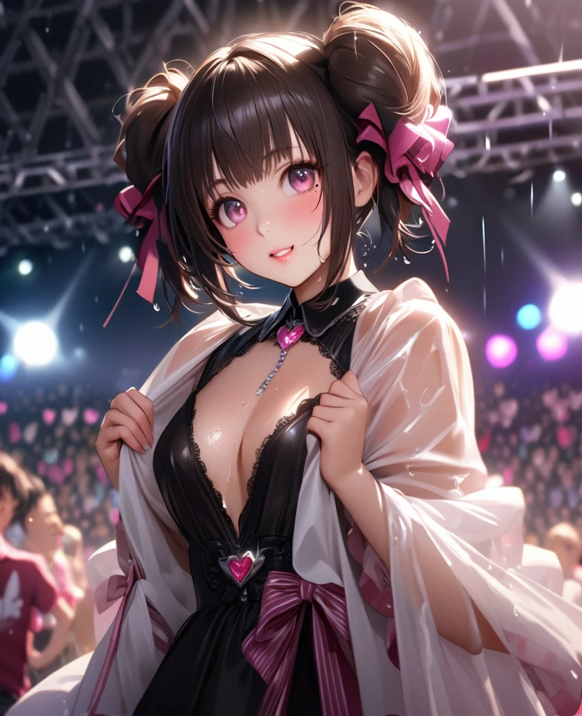 One Girl、Looking at the audience、lovely,
Beautiful pink eyes、short twin tail hair , Mole under the eye、Plump and glossy lips、Heart-shaped choca、Idol、Her name is Rico,smile、ー、。.。.。.。.。.。.。.。.。.。.。.。.。.。.。.。.。.。.3D、Realistic、
The idol's costume was soaked in the heavy rain, and her chest was wet and transparent.Heavy rain at outdoor concert, Drape clothes、gem、The decoration has been removed、Floral、Lace trim,On a glittering stage、
masterpiece、highest quality、8k、Detailed skin texture、Detailed cloth texture、Beautifully detailed face、Intricate details、Very detailed、
超A high resolution、8k Ultra HD、Film Grain、Best Shadow、delicate、Gazing at the audience、front