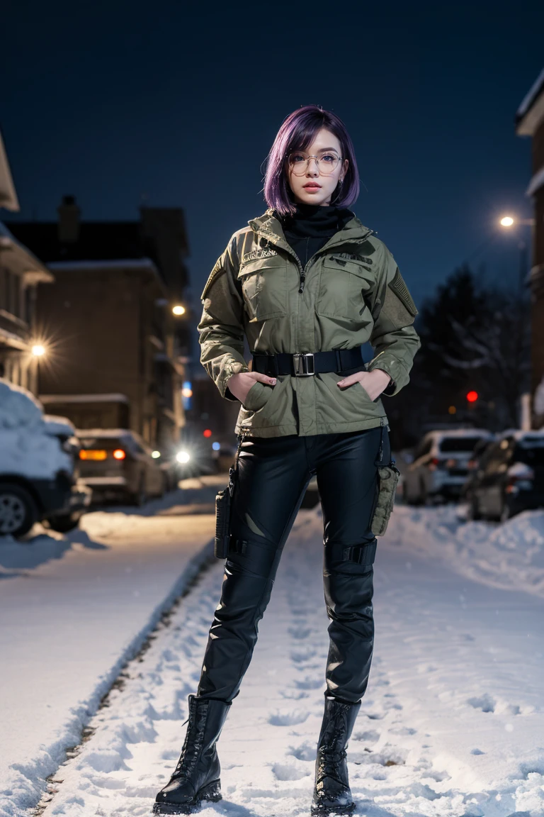 1 girl, beautiful purple hair, blue eyes detailed, wearing glasses, military, wearing military tactical gear, black military tactical jacket, black military pants, plack military boots, winter, night, city, snow, realistic, ultra-detailed, HDR, 4k, full body, realistic lighting and contrast