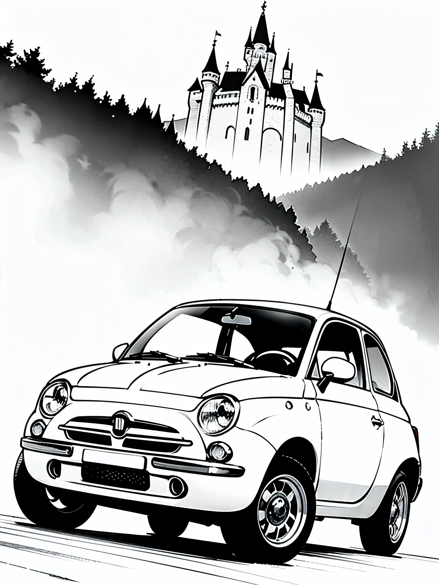 (masterpiece:1.2, Highest quality),(Line art),(Monochrome),(Very detailed),8K,wallpaper,Fiat 500,Driving a car,Castle of Cagliostro,running