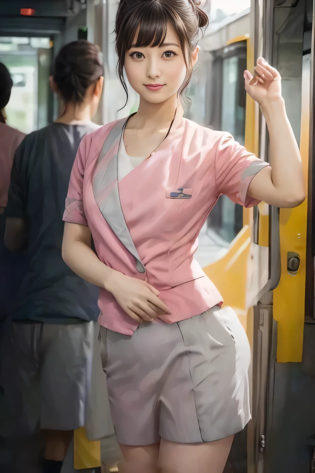 (masterpiece:1.2, Highest quality:1.2), 32K HDR, High resolution, (alone、1 girl)、(On the rooftop of a building in the daytime、Professional Lighting)、Building rooftop background、(Nankai train crew uniform pinkを着たリアルスタイル)、(Nankai train crew uniform pink short sleeve collarless pink jacket、Nankai Train Crew Uniform Pink Collarless Short Sleeve Blouse、Nankai Train Crew Uniform Pink Grey Knee-length Culottes)、((The bottom of the pink short-sleeved jacket cannot be tucked into the clay-colored culottes.))、Dark brown hair、(Hair tied up、Hair Bun、Hair Bun)、Dark brown hair、Long Shot、Big Breasts、Thin legs、((Great hands:2.0)),((Harmonious body proportions:1.5)),((Normal limbs:2.0)),((Normal finger:2.0)),((Delicate eyes:2.0)),((Normal eyes:2.0)))、(Nankai Train Crew Uniform Pink Grey Knee-length Culottesを見せた美しい立ち姿)、smile