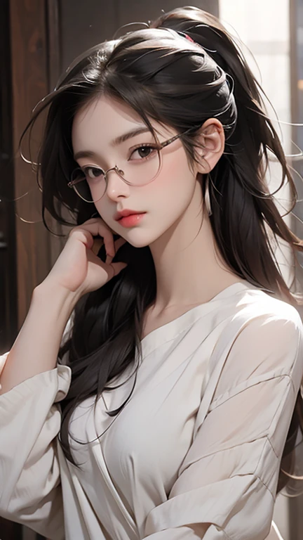 nsfw, Masterpiece, top quality, highly detailed, bust shot, Beautiful mature girl wearing black frame glasses, long red hair ponytail, Lips slightly parted with excitement, closed eyes, Raise her chin, and her upper body swell with pleasure, hide naked chest with own hands